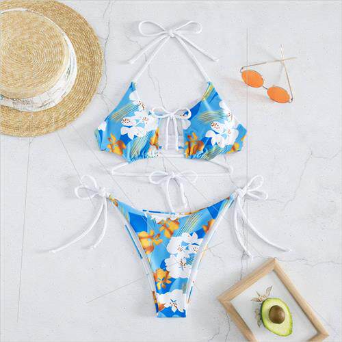 Europe New Printed Bikini Sexy Crossbody Neck Strap Gatherin