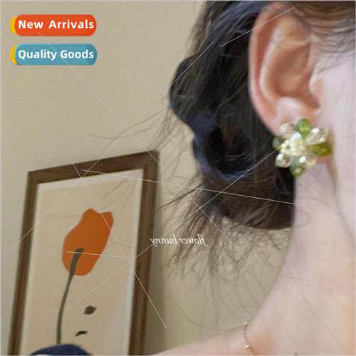 silver needle green crystal glaze handmade beaded earrings M
