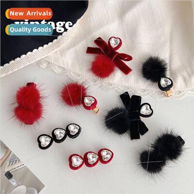 Korea autumn winter warm mink fur ball hair clips velvet lov