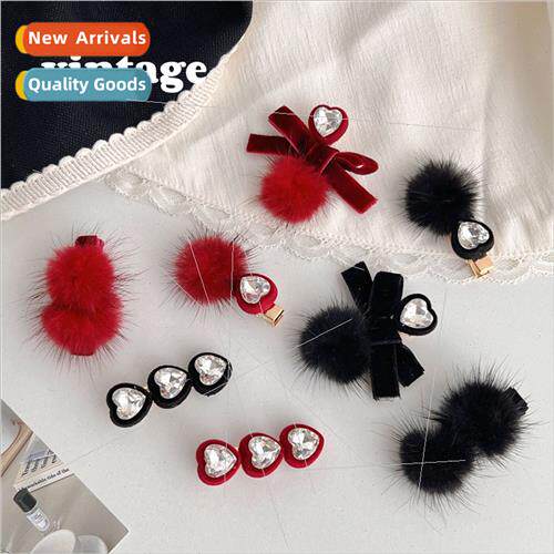 Korea autumn winter warm mink fur ball hair clips velvet lov