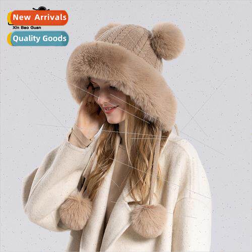 8417 winter wool ball hat female plush warm ear protection o