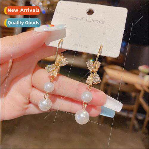 925 silver needle Korea French pearl bow tassel long earring