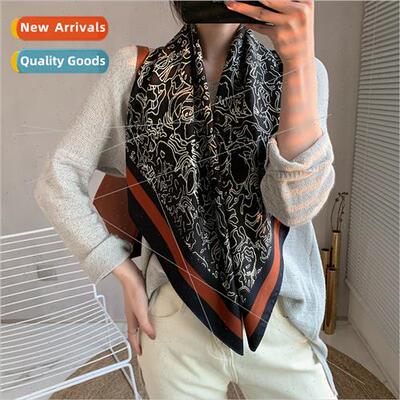 Spring French silk scarf vintage women black small Ewa twill