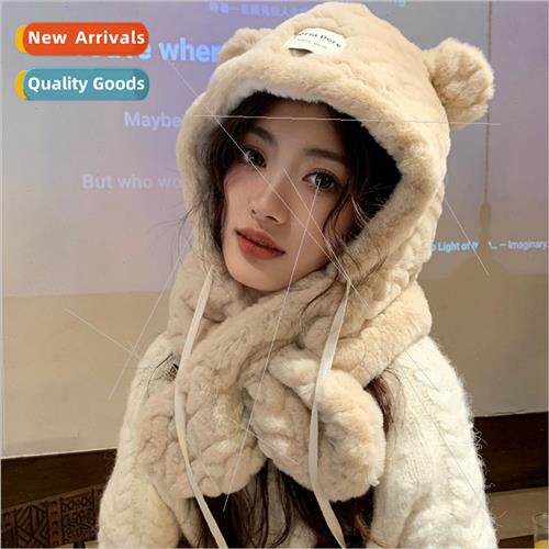 Korea  plush bear hat scarf all-in-one female fall winter cu