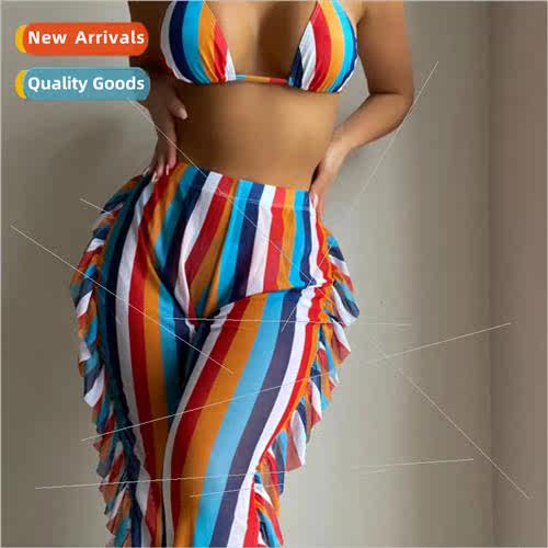 2024Europe new long pants three-piece bikini striped color b