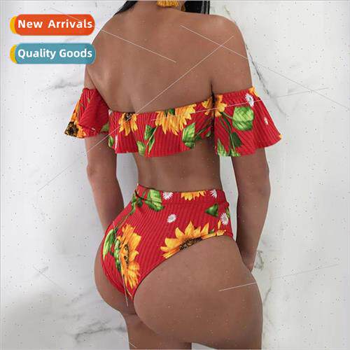 2024 New Spl Swimsu One Shoulder Ruffle Sunflower Print High