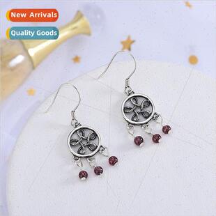 round hollow garnet S925 Thai Korea earrings silver