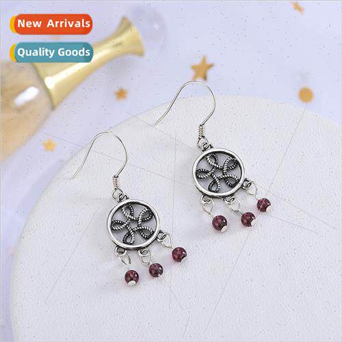 S925 silver Korea round hollow garnet earrings Thai silver r