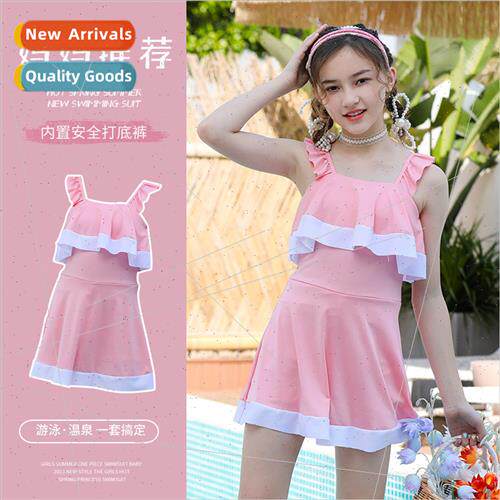 Girls swimsu middle and big children one-piece swimsu flat c