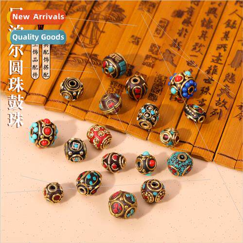 Nepal round beads drum beads handmade DIY brass inlaid beads