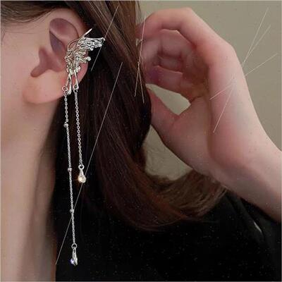2022 Metallic texture bow chain tassel long ear clips summer