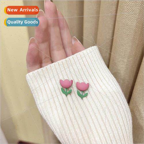 Small tulip pink frosted flower earrings sense hundred ins e