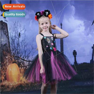 Europe Child Pumpkin Halloween Party Costume Bone Flower Gir