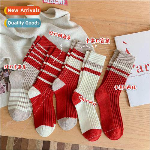 Red socks women fall winter  cotton thick line mid-calf sock