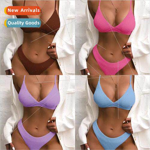 2022 Europe bikini new special fabric solid color swimsu mul