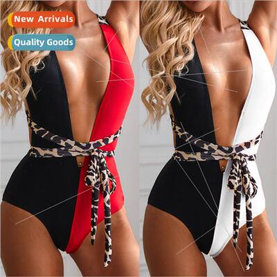 Womens Patchwork Leopard Belt One-piece Swimsu Bikini i2093