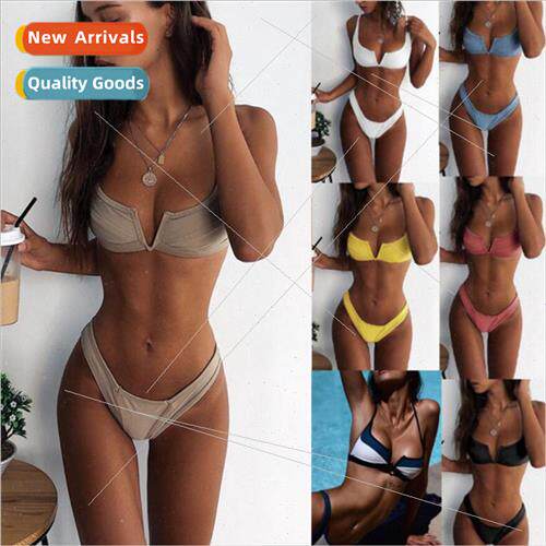 7 Color bayEurope Solid V Plaid Print Bikini i2018A81