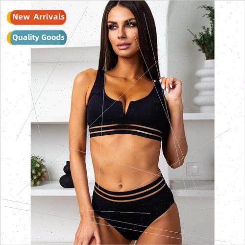 2024 Solid Color v-neck Sexy Bikini High Waist Slim Swimsu R