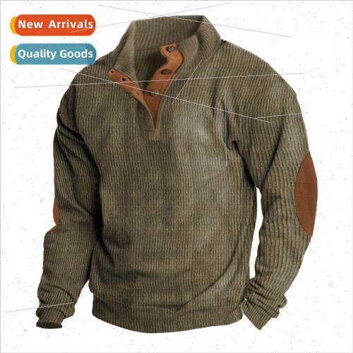 Men Sweatshirt Corduroy Pullover Henley Shirt Men Casual Lon