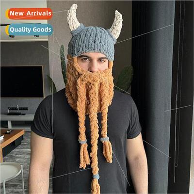 Halloween monster cow horn hat bearded mask hood thick fluff