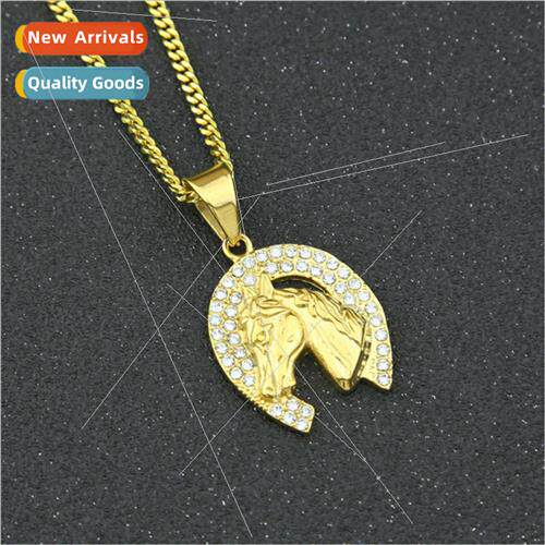 Men Hip Hop Necklace Gold Color wh Diamonds Horse Head Fashi
