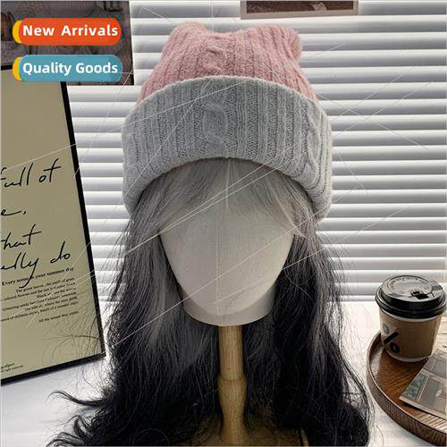 mple two-color splicing wool cap women autumn winter warm hu