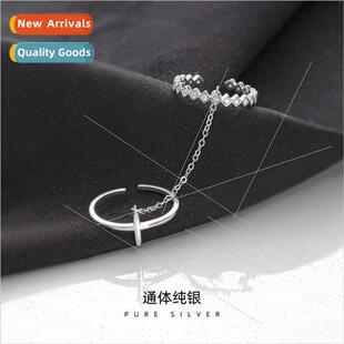 S925 silver cross chain ring fashion open ring ins niche ind
