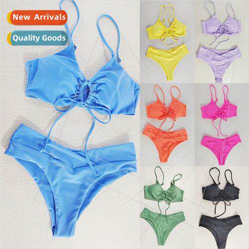 2024 New Multicolor Solid Color Tie Neck Bowknot Spl Swimsu