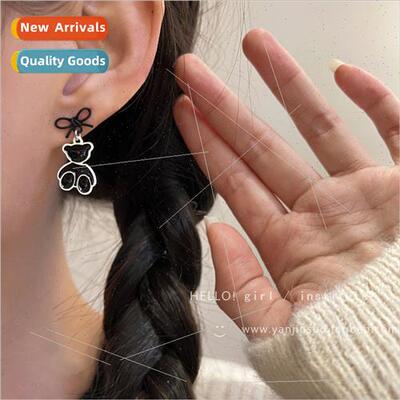 Cream chocolate bear bow earrings female ear holes 925 silve