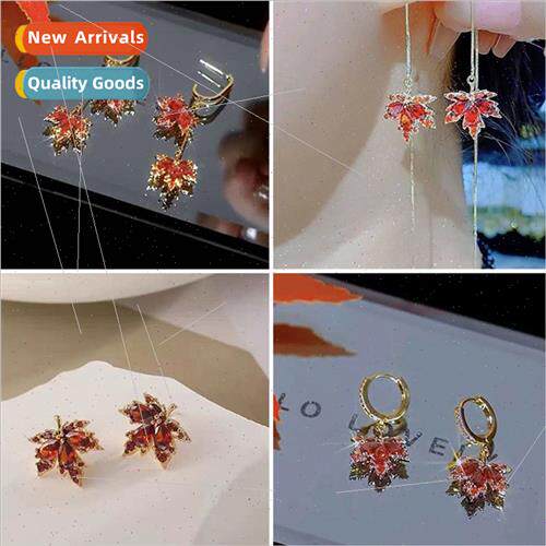 Tassel red rhinestone leaf earrings goddess Fan leaf ear wir