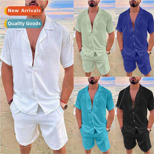 2023 Hawaii Men Summer Lapel Cotton nen Solid Color Short Sl