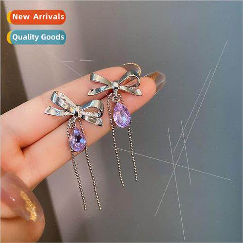 S925 silver needle French bow earrings vintage purple drop e