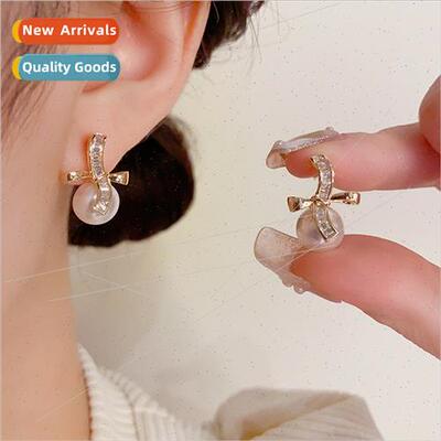 Fashion exquise zirconia bow pearl earrings simple elegant e