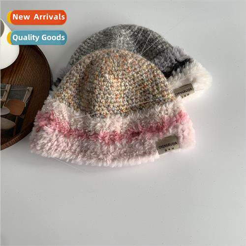 2023 new mixed-color knted striped plush fisherman hat femal