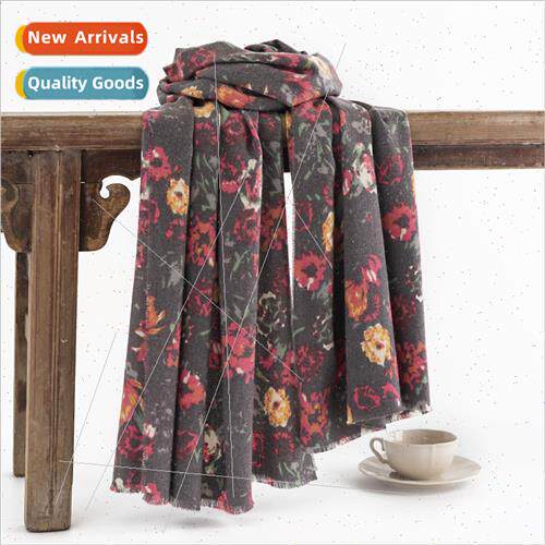 Rose Print Winter Scarf 2023 New Faux Cashmere Scarf Warm An