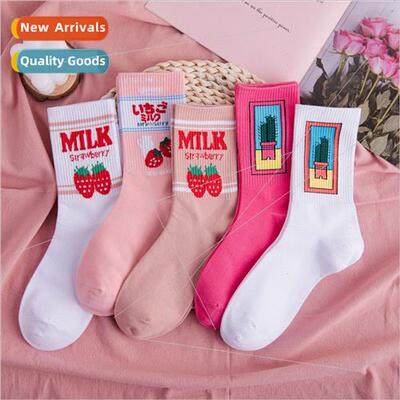Pink strawberry socks female mid-calf socks ins tide hundred