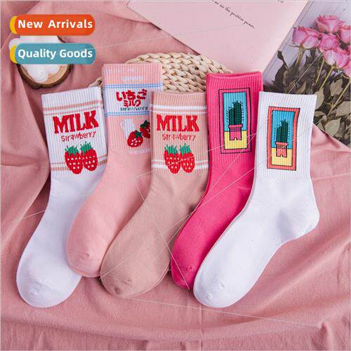 Pink strawberry socks female mid-calf socks ins tide hundred