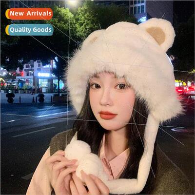 Cute bear thunderbolt hat female fall winter warm ear protec
