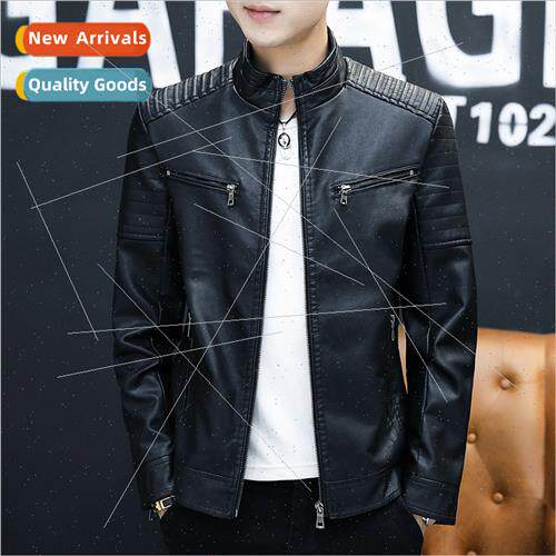 Men leather jacket 2023 spring fall stand-up collar leather