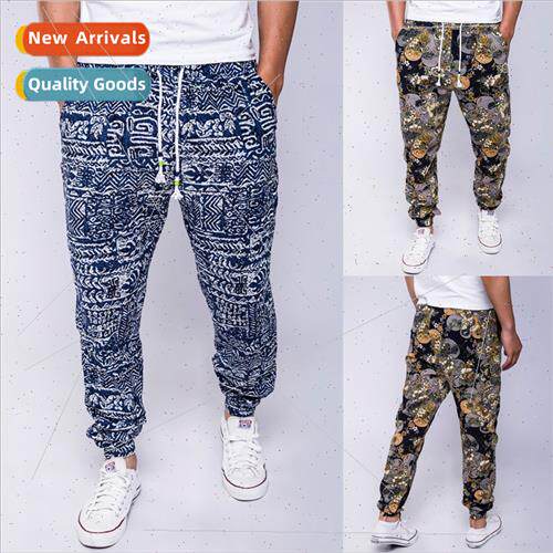 casual pants men platm ethnic wind cotton linen loose tie ro