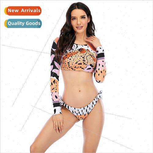 2023 New Leopard Print Bikini Women Long Sleeve Sun Protecti