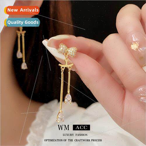 lver-plated needle zirconia bow tassel earrings versatile ea