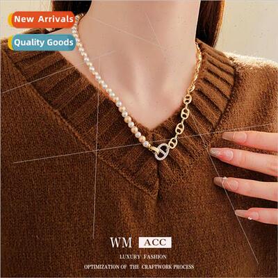 Electroplated diamond oval pearl necklace delicate collarbon
