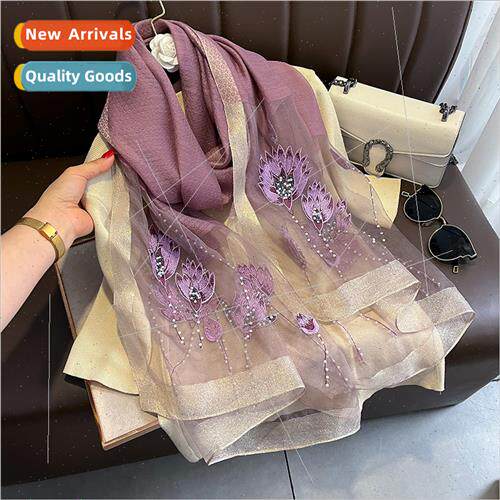 Chinese lotus monochrome silk wool scarf women embroidered s