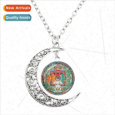 Mandala Moon Necklace Yoga Symbol Glass Dome Pendant Unisex