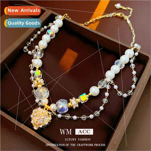 Diamonds square crystal heart pearl necklace niche fashion c