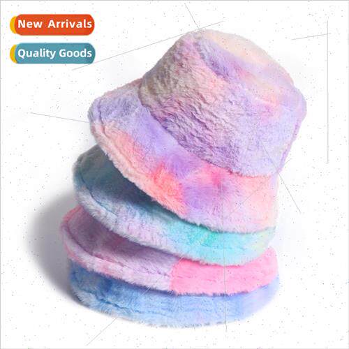 Female cute girls rainbow-coloured plush fisherman hat winte