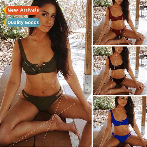 4 Color Concealed Button Drawstring Bikini Separate Swimsu i