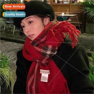 retro plaid faux sided cashme female red winter Double scarf