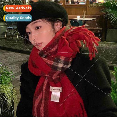Double-sided red retro plaid scarf winter female faux cashme